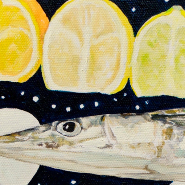 秋刀鱼和柠檬的静物 局部图
