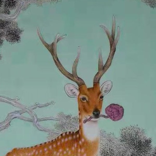 灵鹿衔芝 局部图